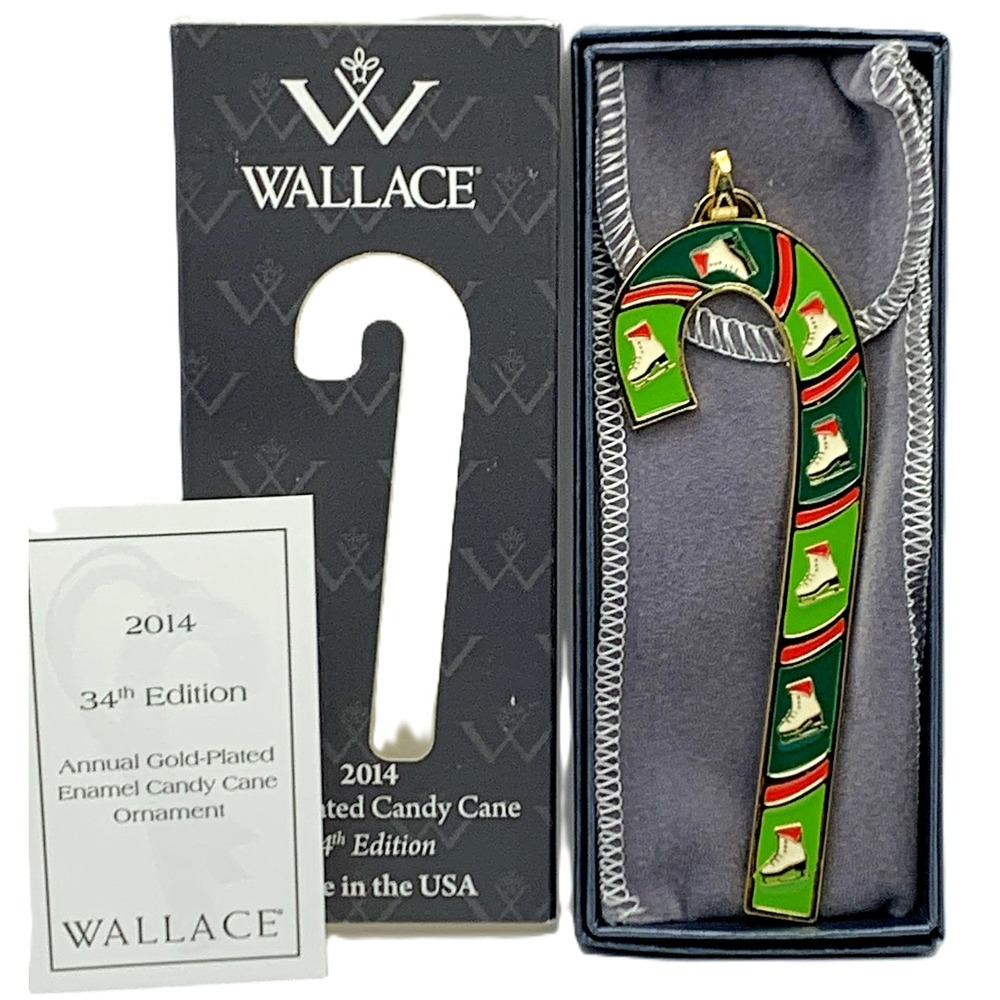 ICE SKATE 2014 Wallace USA Gold Plated Annual Candy Cane Ornament w/ Box, Pouch